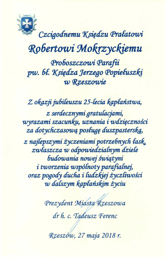 Życzenia na 25-lecie kapłaństwa ks. Roberta Mokrzyckiego